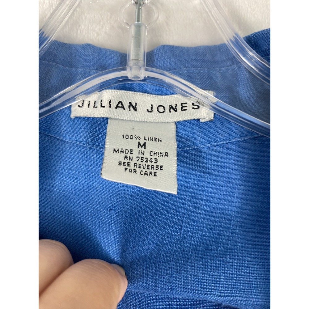 2/$30 Jillian Jones 100% Linen Shirt M Blue Button Front 3/4 Sleeve Lagen - Picture 3 of 14